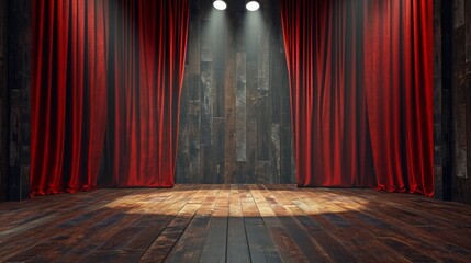 Empty Stage With Red Curtains and Spotlights