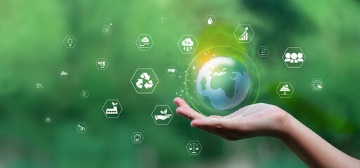 Environment icon to technology Organization Sustainable Development Environmental. Sustainable Business or Green Company concept. Environmental technology.