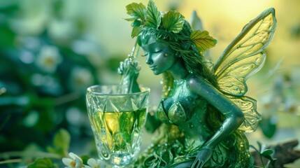 A green fairy, a symbol of absinthe's allure, flutters gracefully, her iridescent wings illuminating the drink's mysterious, verdant depths - obrazy, fototapety, plakaty
