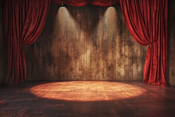 Empty Stage With Red Curtain and Spotlight - obrazy, fototapety, plakaty