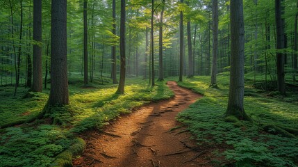 A serene forest path on a sunny day Generative AI