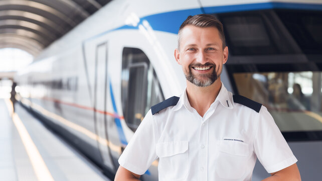 Portrait of smiling male train driver posing in front of high speed train. Subway train. Transportation concept.