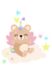 Obraz na płótnie Canvas Cute unicorn teddy bear sitting on cloud