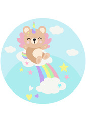Round illustration with unicorn teddy bear on rainbow with clouds