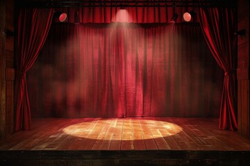Stage With Red Curtain and Spotlight - obrazy, fototapety, plakaty