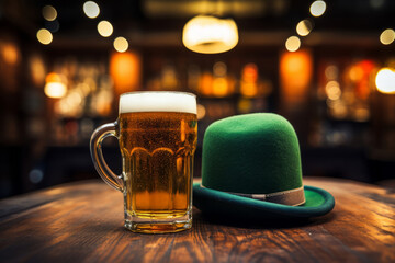 Glass of beer and green leprechaun hat on wooden table in cozy pub. St.Patrick's Day. - 723691525
