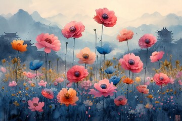 Flower Power: A Vibrant Display of Pink and Blue Petals Generative AI