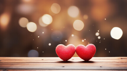 Valentine's Day. Red heart on wooden table with night light bokeh background. Happy Valentine's Day background. Banner, web poster for Anniversary, Holiday, Birthday, Wedding, Romantic, Couple.