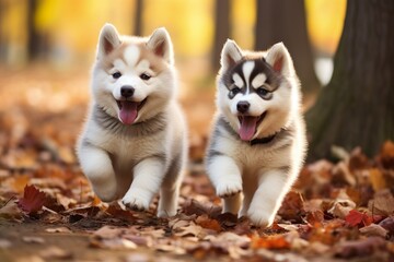 Naklejka na ściany i meble cute husky dogs running in outdoor 