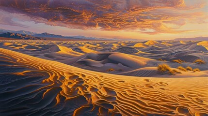 Golden Sand Dunes Under a Dramatic Sunset Sky with Mountain Range in the Distance, Illustration Style Landscape