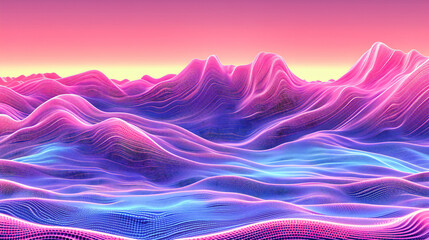 Digital landscape of geometric blue mountains, futuristic terrain with purple hues and neon sun, abstract space illustration