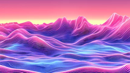 Fototapeten Digital landscape of geometric blue mountains, futuristic terrain with purple hues and neon sun, abstract space illustration © Jahid