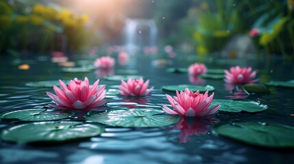 Pink Lotus Blossoms in a Blue Lagoon: A Serene and Refreshing Scene for Your Monthly Calendar Generative AI - obrazy, fototapety, plakaty