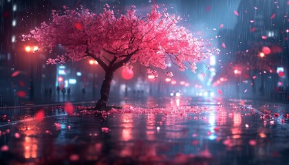 Pink Blossoms in the Rain: A Magical Night in April Generative AI