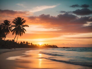 Fototapeta na wymiar Tropical Tranquility: Sunset Serenity on a Hawaiian Beach - Dusk's Embrace: Sky, Sea, and Palm Tree 