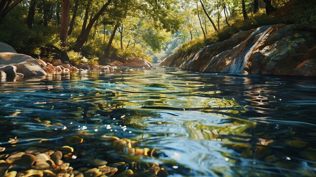 Sunlit Forest Stream Landscape, Illustration Style Image Capturing the Serene Beauty of Nature with Clear Water, Rocks and Lush Greenery