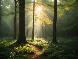 Morning Sunlight in the Forest, Beautiful Sunrise in the Nature 