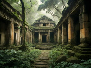 Fototapeta na wymiar Ancient Ruins in the Jungle - Remains of Forgetten and Overgrown Buildings in the Rainforest
