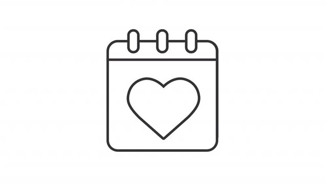 Animated heart calendar icon. Romantic reminder line animation. Valentines day. Special romantic occasion. Black illustration on white background. HD video with alpha channel. Motion graphic