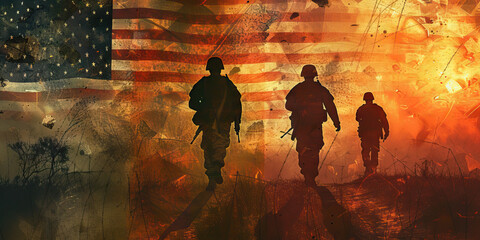Defenders of Democracy: A Resolute Display of American Soldiers Protecting Democratic Values, Against an Abstract Background to Symbolize the Strength and Commitment of Those Upholding the Nation