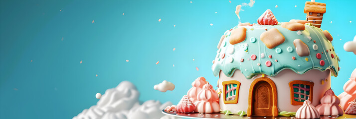 Cake in the shape of a fairytale house. The concept of renting and buying your own home on fabulous terms. Poster, invitation for a children's event. Copy space. Banner