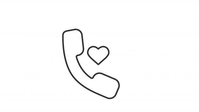 Love call line animation. Animated phone receiver and floating hearts icon. Happy Valentines day. Black illustration on white background. HD video with alpha channel. Motion graphic
