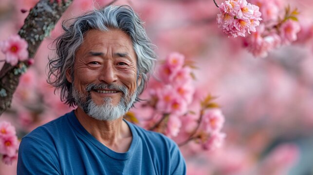 April Showers - A man with a beard and long hair is smiling in front of a tree filled with pink flowers, possibly cherry blossoms, which are a popular symbol of the arrival of spring. Generative AI