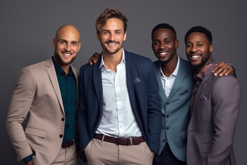 Young male businessmen of different races in stylish business suits smile, look at camera. Team of businessmen guys, successful modern team of young people, startup. Men with different skin colors
