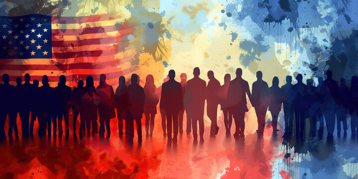 Conservative Convocation: A Gathering of Republican Supporters in a Campaign Event, Against an Abstract Background to Capture the Momentum and Unity of Conservative Values in Political Mobilization