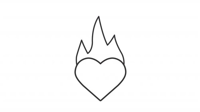 Passion line animation. Animated flaming heart icon. Affection and desire. Passion loveheart. Valentines day. Black illustration on white background. HD video with alpha channel. Motion graphic