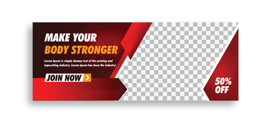 Gym and fitness training facebook cover page web banner template with creative colorful editable modern social media design vector