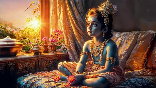 Lord Krishna's open-eye meditation during a morning sunrise, Holding Lotus in his hand