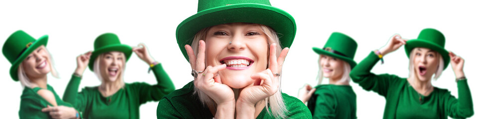 St. Patrick's Day. Сheerful woman in a leprechaun hat celebrates St. Patrick's Day.