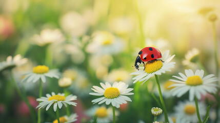 Fototapeta premium Ladybug on the chamomiles flower, spring background