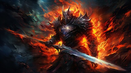 Knight holding the sword with flames and fire. Digital concept, illustration painting.