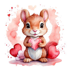 cute squirrel with a heart, watercolor png illustration with transparent background for valentines...