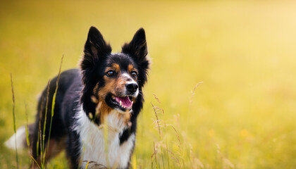 Happy black tricolor border collie standing in a meadow on a yellow background