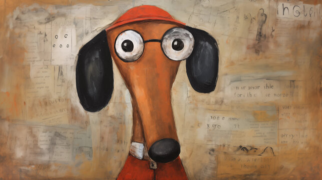 Whimsical painting of a dachshund wearing glasses and a red cap