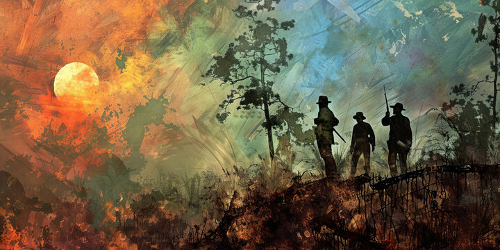 Brothers Divide: A Scene Capturing the Fractured Nation During the Civil War Era, Against an Abstract Background to Symbolize the Emotional and Ideological Rifts.