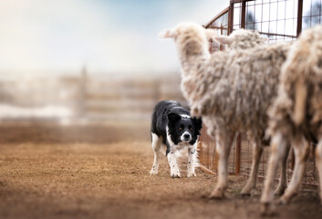 Black and white border collie herding sheep on a farm. - obrazy, fototapety, plakaty