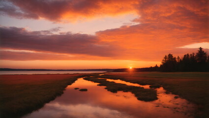 Obraz premium Sunset reflections landscape illustration