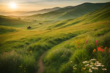 Zelfklevend Fotobehang Green hills landscape at sunrise © PetrovMedia