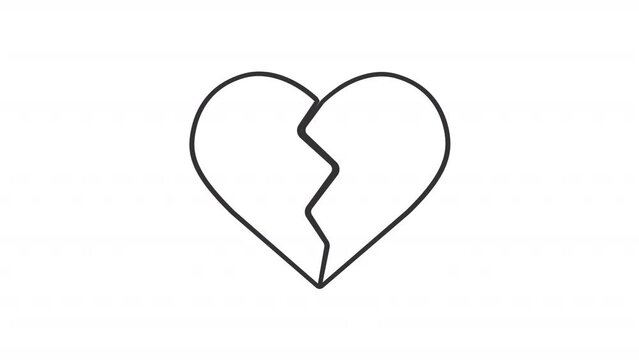 Broken heart line animation. Animated split heart icon. Broken relationship. Emotional pain. Break up. Black illustration on white background. HD video with alpha channel. Motion graphic