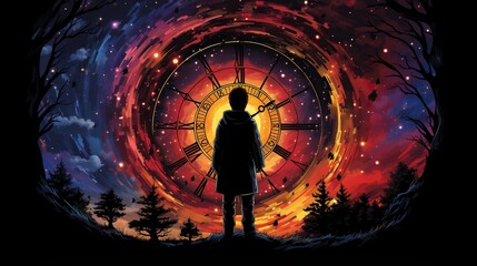 Silhouette of a guy looking at a giant clock in the starry sky. Digital concept, illustration painting.