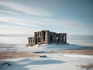 Abandoned ruined building in the winter barren landscape