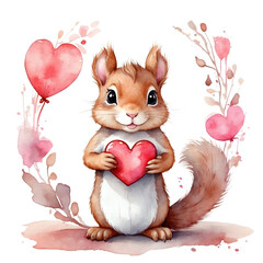 cute squirrel with a heart, watercolor png illustration with transparent background for valentines...
