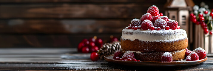 New Year's sponge cake with berries on a dark wooden background. Copy space. - obrazy, fototapety, plakaty