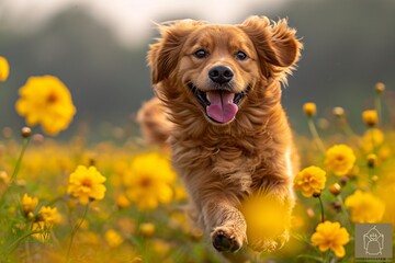Golden Retriever Smiling in Yellow Flowers Generative AI
