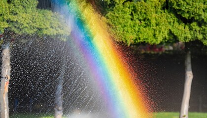 A rainbow appearing in a sprinkler stream of water