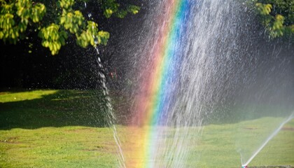 A rainbow appearing in a sprinkler stream of water